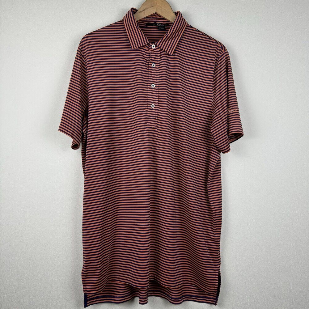 RLX Ralph Laure Performance Golf Polo Shirt Mens Large Orange Striped Stretch